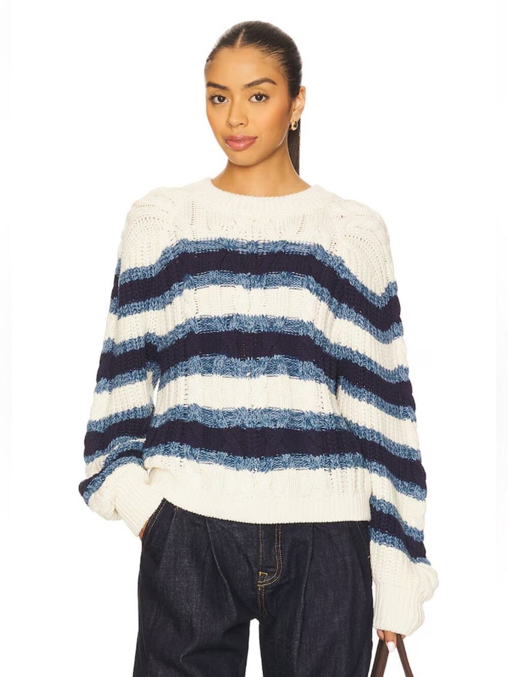 Free people Frankie pullover sweater cream blue stripe 100% cotton medium